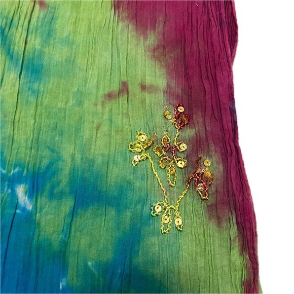 Tie dye embroidered sequin scarf pink green blue, fairycore bohemian hippie boho - Picture 6 of 7